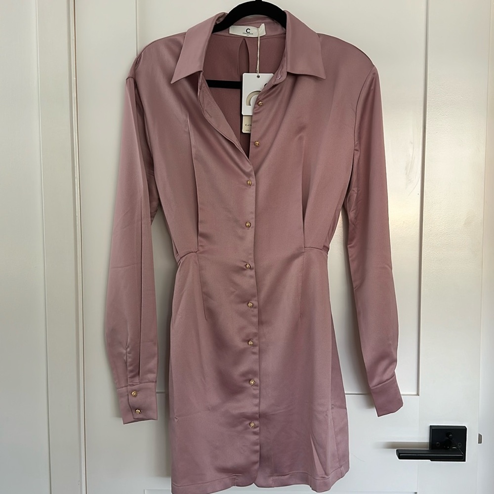 NWT Commense Lavender Satin Long Sleeve Button-down Dress XS